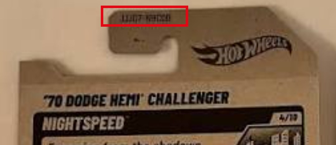 Back of a Hot Wheels card with the SKU / toy number highlighted on the hanger tab at the very top
